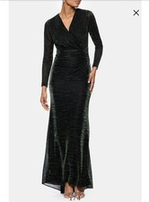 NWT Betsy Adam Women's Green Metallic Long-Sleeve Ruched Gown Dress Size 6