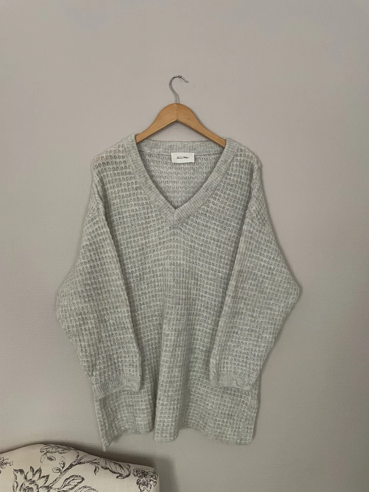 Pull American Vintage gris mohair laine col V maille gaufrée oversize 90s TU - Photo 1/4