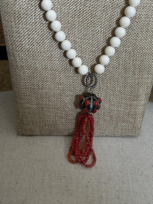 LeslieA.Designs Halskette Perlen, Diamant Spacer & Anhänger aus roter Koralle, Diamanten