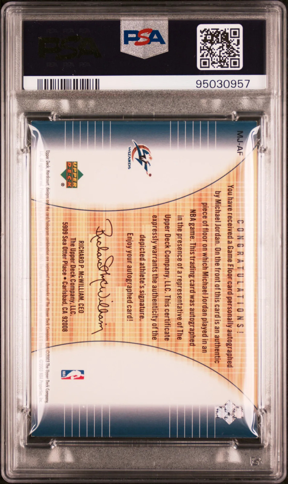2003 Upper Deck Hardcourt Hardwood Comm Michael Jordan #MJ-AF Auto PSA A Auto 10 view 2