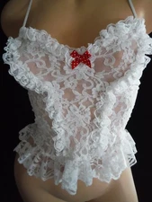 ALANA GALE VTG 80's New White Lace Lingerie Top Lots of Ruffles Sweet & Sexy! Sm