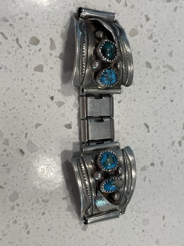 Men’s Native Sterling Silver Watch Tips 17mm W/turquoise. Stretch Band