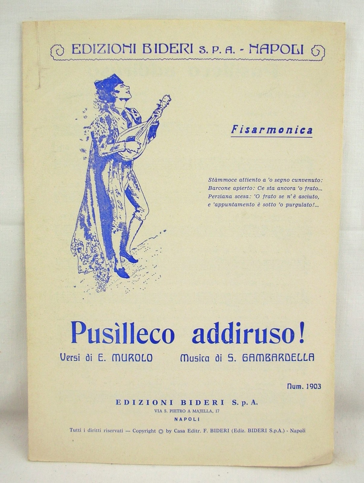 SPARTITO MUSICALE BIDERI NAPOLI PUSILLECO ADDIRUSO! MUROLO GAMBARDELLA