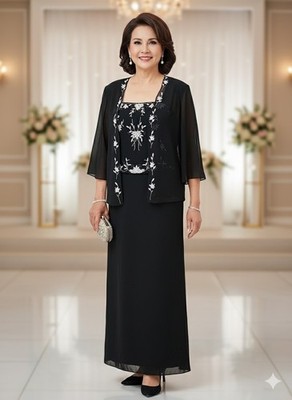 Dela-Jo Formal Maxi Dress Black Chiffon Size 8 White Flowers Jacket 2 Pc |  eBay