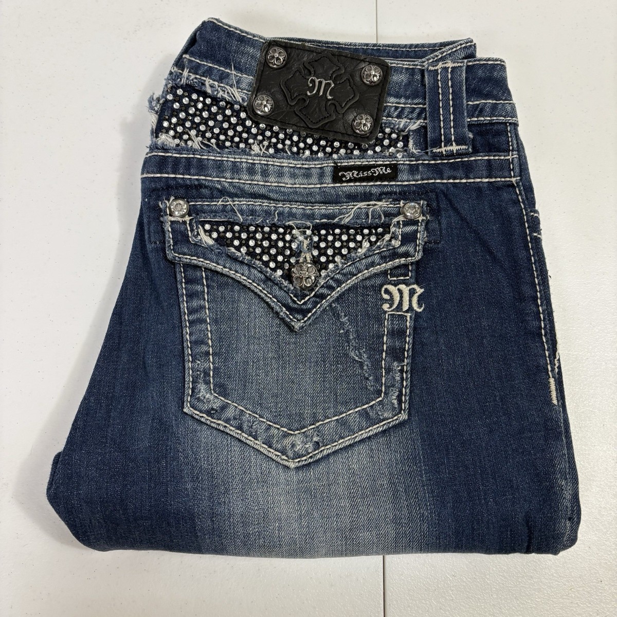 Miss Me Jeans Easy Boot Size 28 Made For Buckle Distressed With Rhinestones View 2
