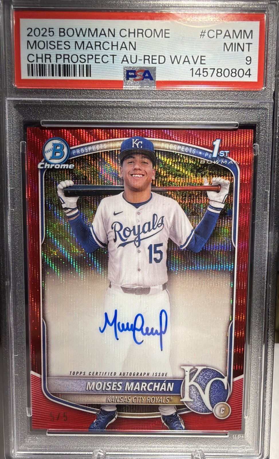 2025 Bowman Chrome 1st Moises Marchan #CPA-MM Red Wave Refractor Auto 5/5 Royals