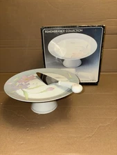 1985 Remembrance Collection Porcelain Cake/Pie Plate With Pedestal & Server&Box
