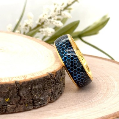 8mm Yellow Gold Tungsten Ring For Christmas Blue & Black Honeycomb Pattern Band