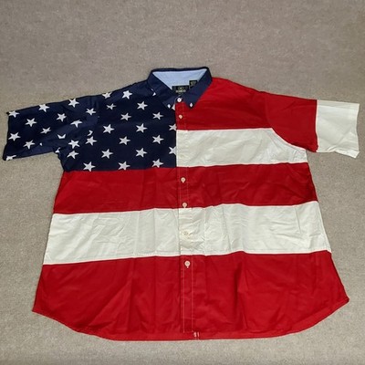 Redhead USA Flag Men s 3XL Button Up Short Sleeve Shirt Red White Blue Cotton.
