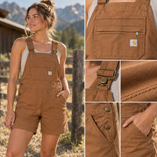 Carhartt Women's Shortalls Large Brown Rugged Flex Relaxed Fit Canvas Overalls