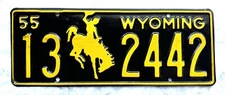 1955 Wyoming License Plate - Excellent Original Paint
