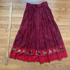 Vintage The Villager Skirt XS 8 Equestrian Horses Pleated Red Holiday Academia