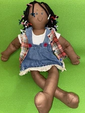 1990s Black Cloth Rag Doll Yarn Braids Denim Dress Large 27”