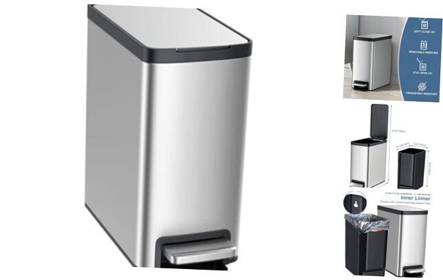 10 Liter/2.6 Gallon Step Trash Can with Soft Close Lid,Rectangular Foot Silver