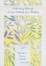 With Many Blessings Blue Purple Green Leaves Religious Birthday Card