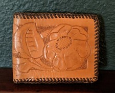 VTG Hand tooled  Floral Design  Leather Wallet Hand Laced Bifold Western Cognac