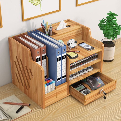 Wooden Office Desk Organiser Stationary Storage Home Tidy Storage Tabletop Unit - Picture 7 of 11