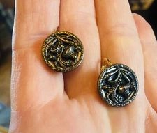 Grandmother’s Buttons Antique Tinted Brass Cut Steel EARRINGS Clip On Old Stock