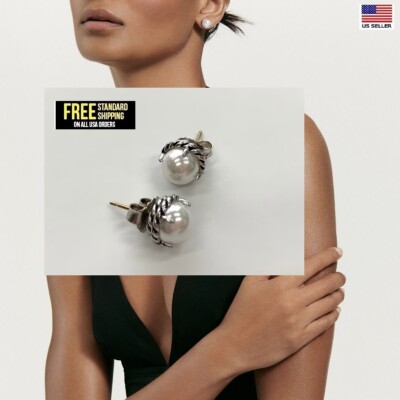 high quality Women's Chatelaine Stud Earrings with Pearl Sterling Silver plated