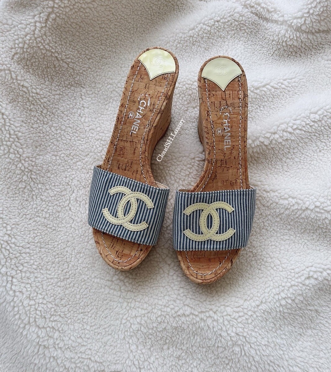 Auth Chanel Classic CC Logo Blue Stripe Cork Wedge Sandals - Size