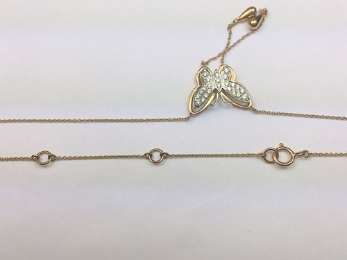 Natural Diamond Butterfly Pendant Drop Dangle 18K Rose/White Gold Necklace 18" - Picture 6 of 9