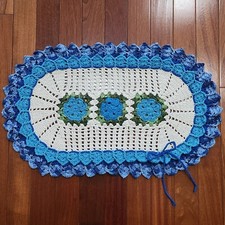 Vintage Crochet Knit Hand Made Flowers Design Blue Table Centerpiece Runner
