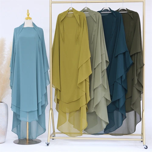 Two Layers Muslim Ramadan Women Large Khimar Hijab Niqab Burqa Tops Kaftan Dress