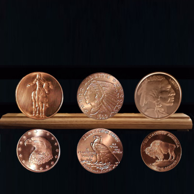 Western  Collection  Of Three Copper Coins Native American Images With Stand