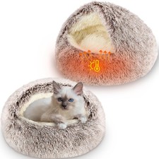 2 PCS Self Warming Cat Beds Covered Round Kitten Bed Cave Fluffy Dog Heating ...