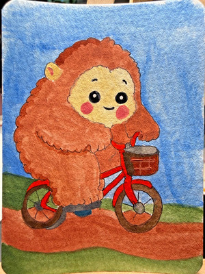 ACEO Original OOAK Signed (Not a Print) ''Bigfoot on a Bike'' Baby Cryptid art