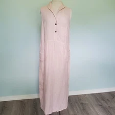 Kleen Womens L Maxi Dress Pink 100% Linen Lagenlook Beachy Long Sleeveless 