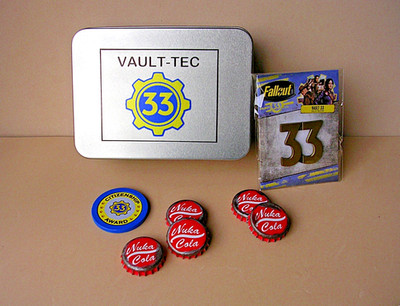 Fallout  Vault 33  Bundle  Stash Tin   Nuka Cola Caps  Pin  Award  Token