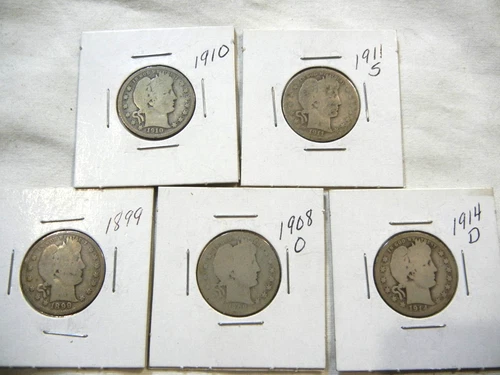barber quarter dollar silver US coin collection lot of 5