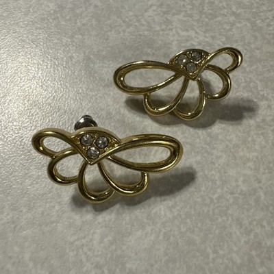 Vintage Avon Asymmetrical Scallop Fan Leaf Wings Gold Tone Rhinestone Earrings