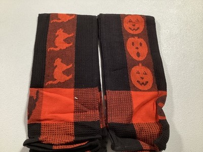 HALLOWEEN SET OF 2 WAFFEL WEAVE DISH TOWELS PUMPKIN/ WITCH