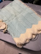 Vintage Hand Knitted Crib Blanket 24x34  Green W/White Trim  Matching Booties