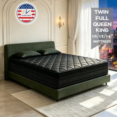 12'' 14'' Queen King Hybrid Mattress in Box Spring Gel Memory Foam Black Mattress