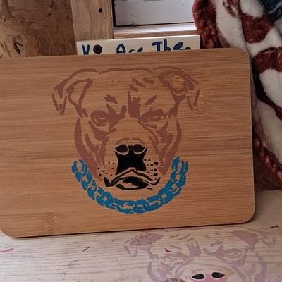 Bamboo Wood Cutting Board Medium Rectangle Beige Brown Blue Dog Face Easy Clean