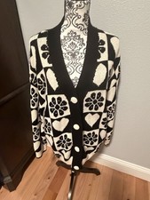 ZARA Oversized JACQUARD KNIT CARDIGAN OvHEART FLORAL BLACK/WHITE Medium