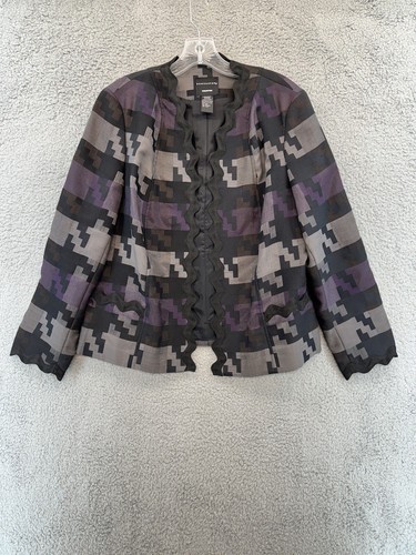 DONCASTER Jacket Size 14 Black Gray Purple Rick Rack Accent Open Front Womens