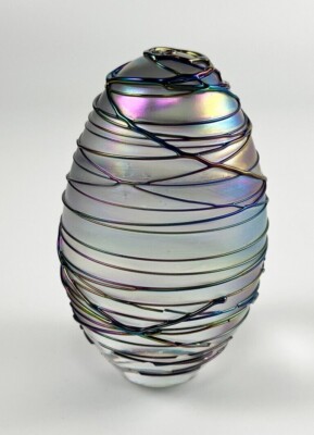 Iridescent Peacock Color Threaded Glass Egg Paperweight  Shelf Desk Home Decor