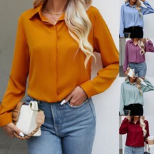 Women Long Sleeve Chiffon Shirt Ladies OL Casual Baggy Solid Button-up Blouse