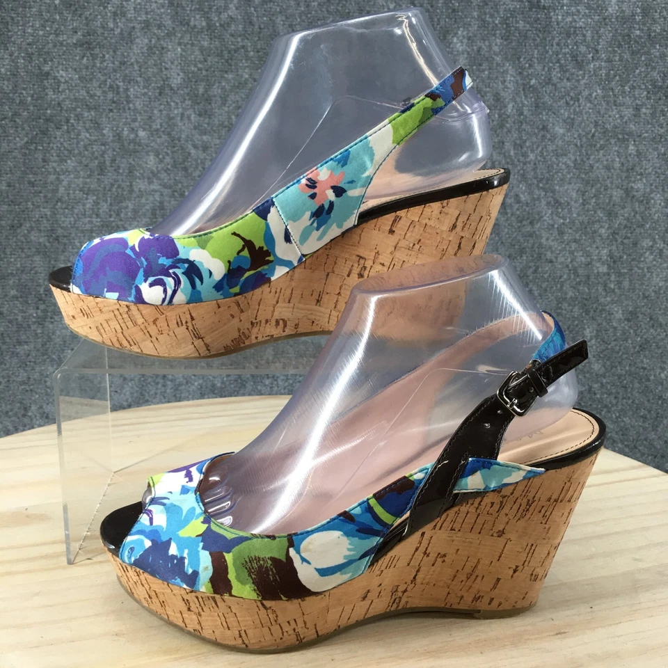 Zapatos de tacón Marc Fisher para mujer 7,5 M Génova florales con cordones punta abierta zapatos de salón de cuña azules Foto 2 de 4