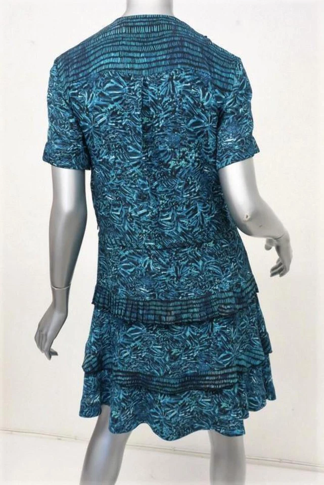 Proenza Schouler 连衣裙蓝色抽象印花丝绸尺寸 2 荷叶边短袖 — 第 4/4 张图片