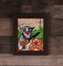 cat and dog funny hunting original acrylic painting 8x10  framed