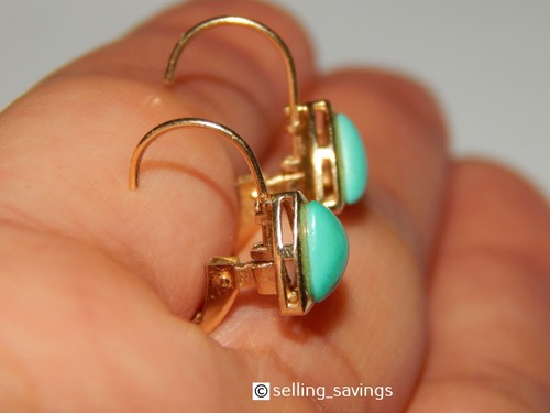 14K YELLOW GOLD TURQUOISE CABOCHON PETITE 6/10th INCH LEVERBACK HUGGIE EARRINGS - Picture 5 of 11