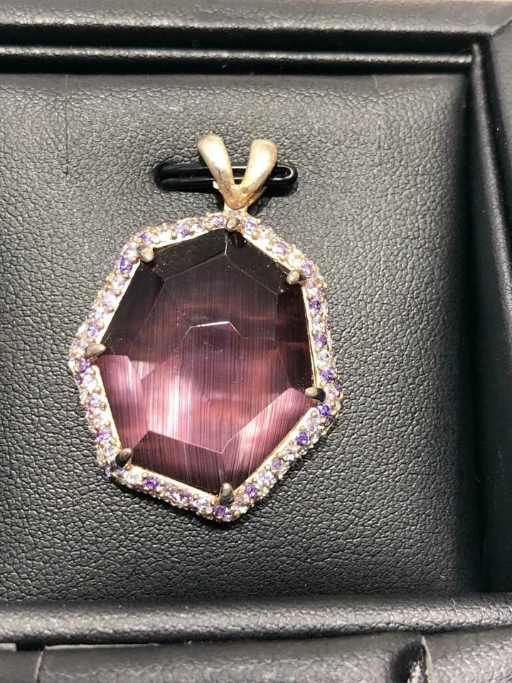 Colgante con halo de cuarzo faceta de ágata zafiro púrpura de plata de ley de oro amarillo de 18 quilates