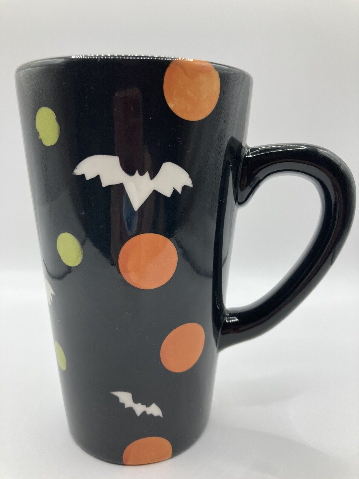 Tall Black Ceramic Halloween Mug w/ White Bats, Orange Yellow & Green Circles 6"