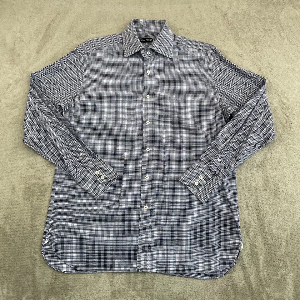 Camisa social masculina Tom Ford XL 43/17 azul xadrez botões de pérola designer feita na Itália - Imagem 3 de 4