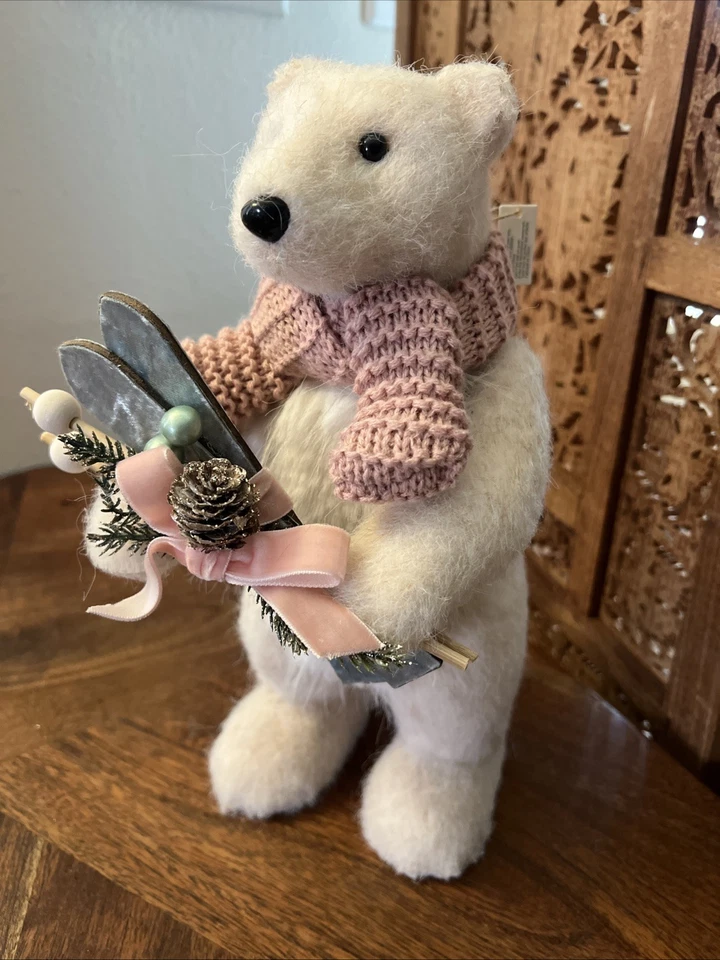Белый медведь Рождественская фигурка 12 дюймов Nordic зимний декор розовый шарф праздник новый - Изображение 2 из 4